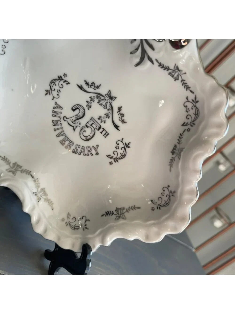 Vintage 25th Anniversary Decorative Porcelain China Bowl Hand Painted Silver